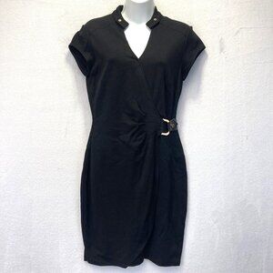 Cache Faux‎ Wrap Dress Womens 4 Black Sheath Short Sleeve Knee Buckle Cocktail